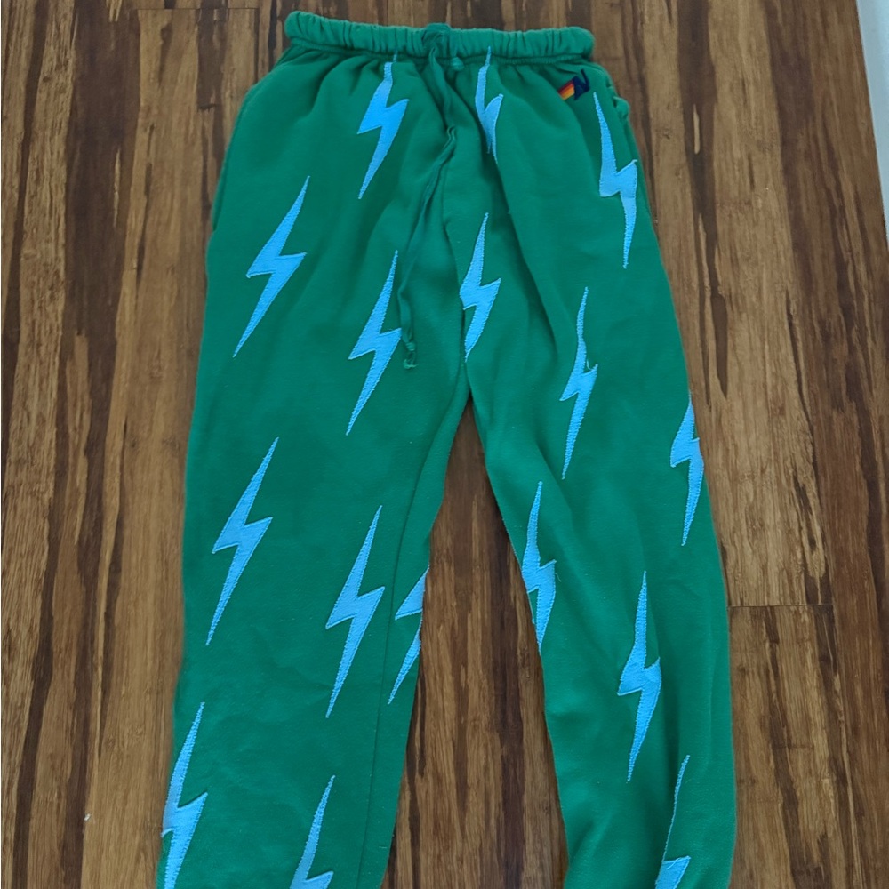 Aviator Nation Lightning Bolt StitchSweatpants Size Small Kelly green and blue